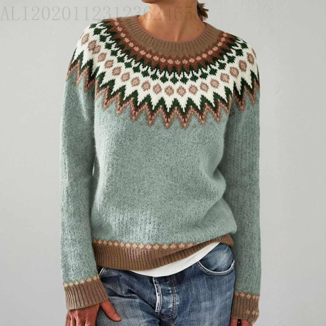 Women's Norwegian sweater made of wool blend with round neck and traditional Fair Isle yoke Mune Fashion