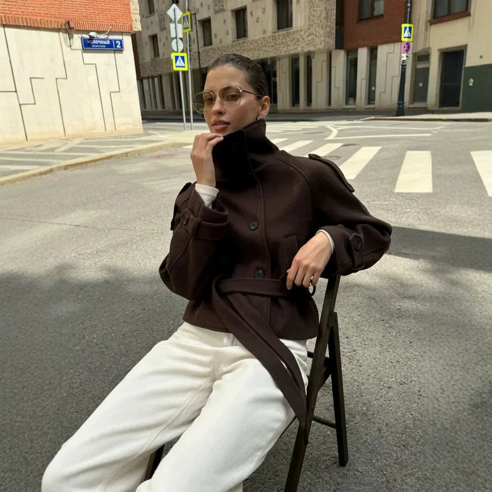 Ladies short cut wool blend jacket with high stand-up collar and waist belt Mune Fashion