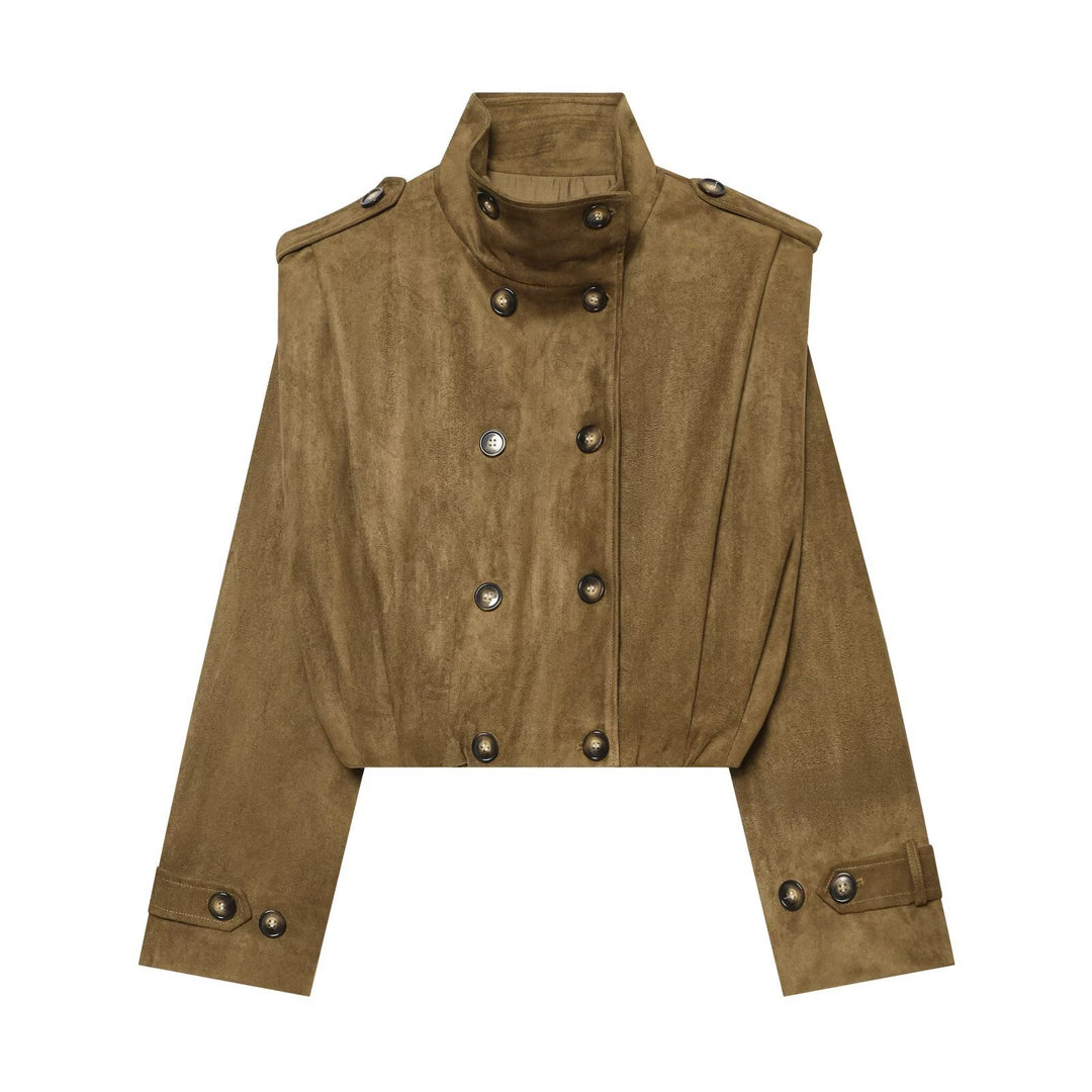 Women's Short Cut Double-Breasted Suede Look Jacket with Stand Collar and Epaulettes Mune Fashion