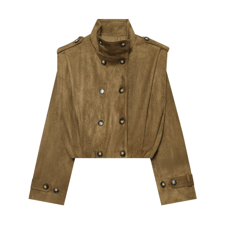 Women's Short Cut Double-Breasted Suede Look Jacket with Stand Collar and Epaulettes Mune Fashion