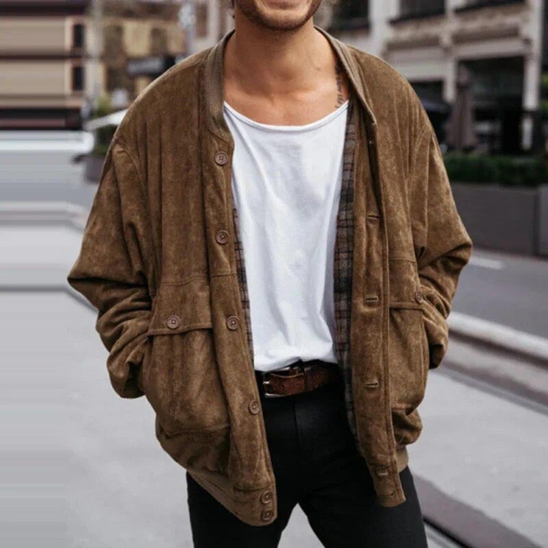 Men's Oversized Suede-Look Bomber Jacket with Checked Lining and Button Closure Mune Fashion