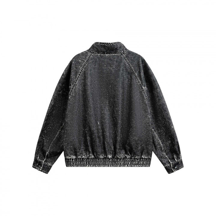 Men's short-cut worker bomber jacket in used denim look with standing collar, concealed zipper, and elastic hem Mune Fashion