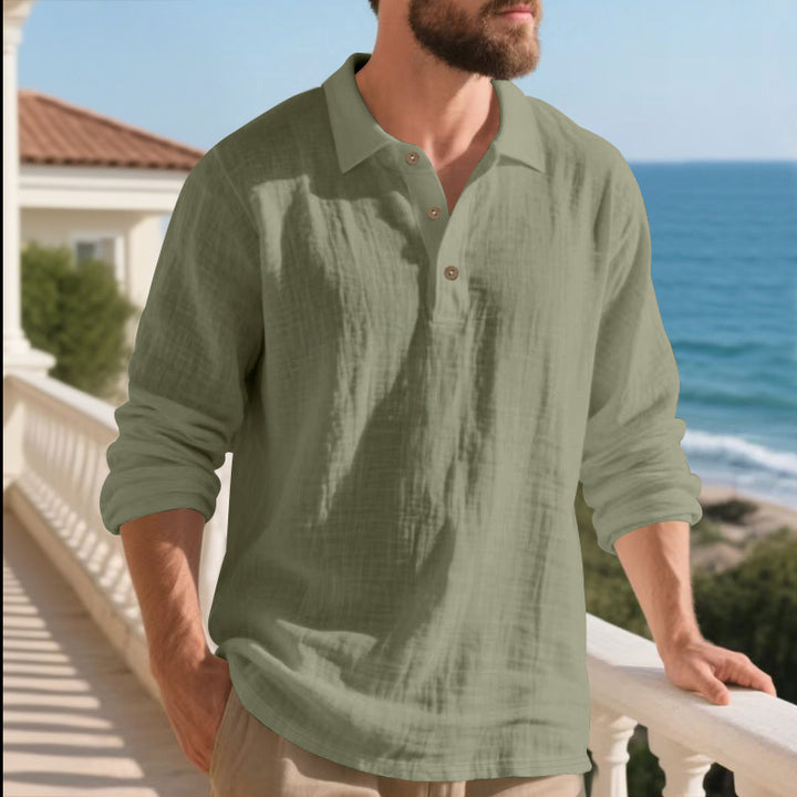 Men's casual linen henley shirt with polo collar and triple button placket Mune Fashion