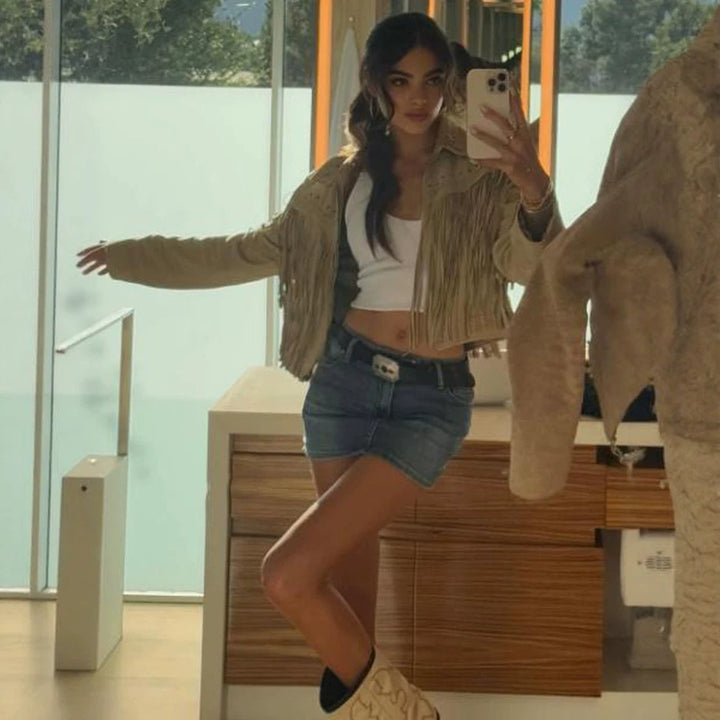 Women's Short Fringe Suede Jacket in Western Style with Decorative Stitches and Studs Mune Fashion