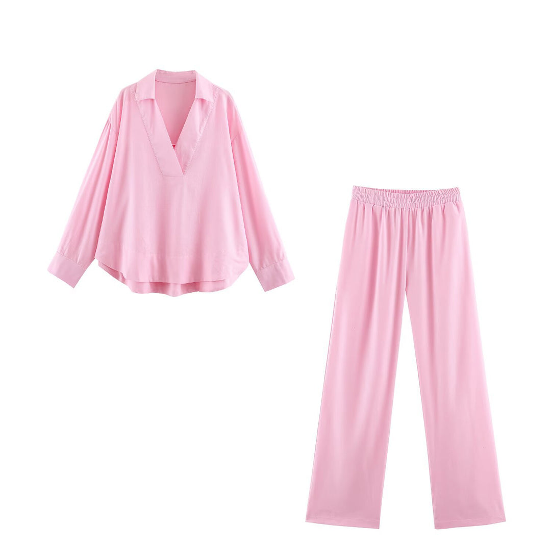 Women Oversize Linen-Mix Blouse with Deep V-Neck and Shirt Collar Mune Fashion
