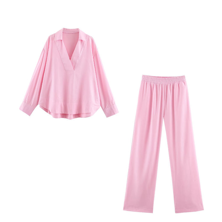 Women Oversize Linen-Mix Blouse with Deep V-Neck and Shirt Collar Mune Fashion