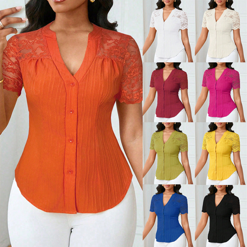 Women's Fitted Short Sleeve Blouse with Lace Sleeves and Button Placket Mune Fashion