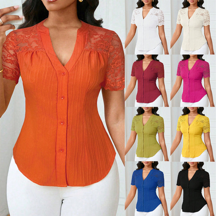 Women's Fitted Short Sleeve Blouse with Lace Sleeves and Button Placket Mune Fashion
