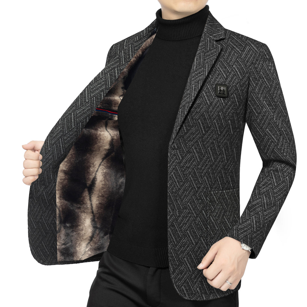 Men's Tailored Wool Look Blazer with Soft Faux Fur Lining and Herringbone Pattern Mune Fashion