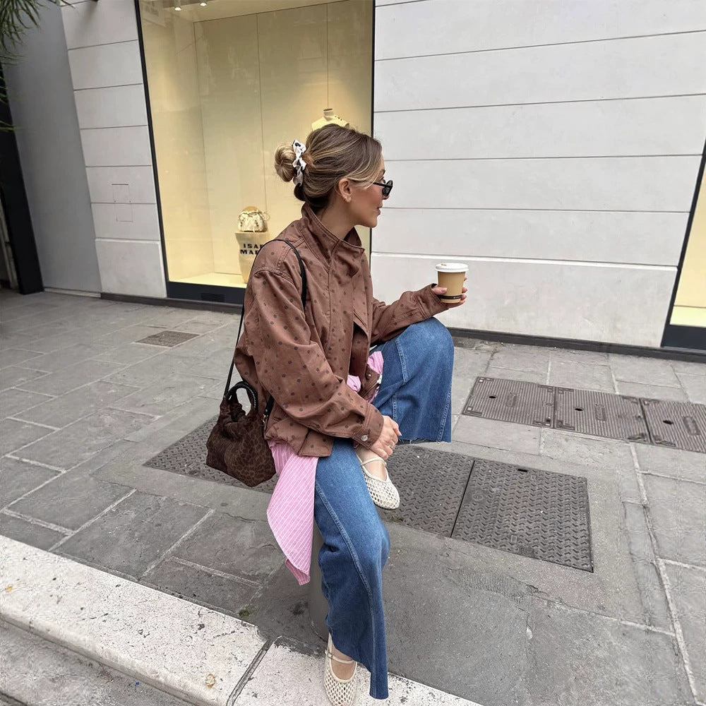 Women Two-Piece Polka Dot Loungewear Set made of Cotton Blend with Boxy Jacket and High-Waisted Wide Leg Pants Mune Fashion