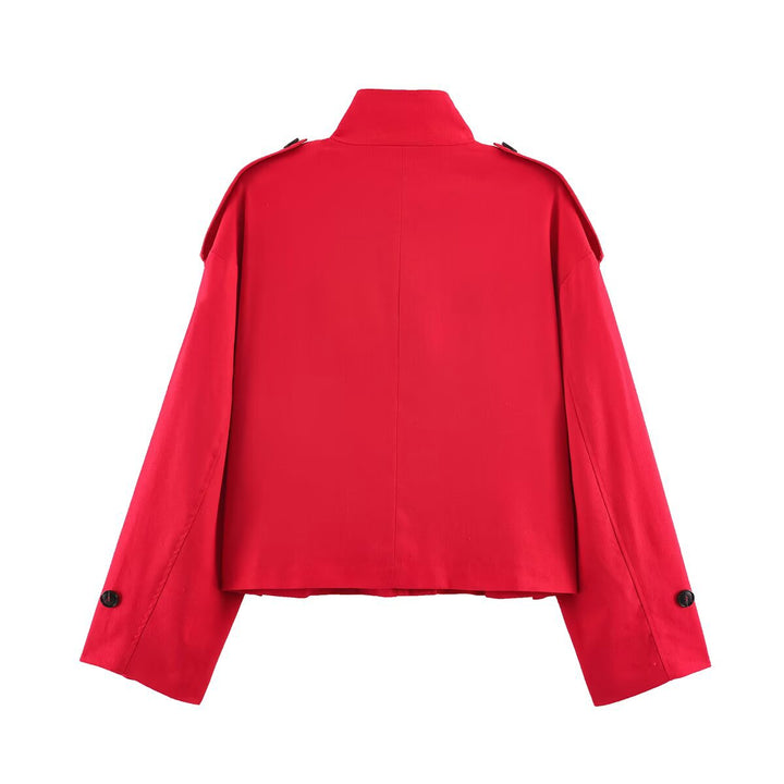 Women's Short Cut Utility Jacket with Stand Collar, Epaulettes and Flap Pockets Mune Fashion