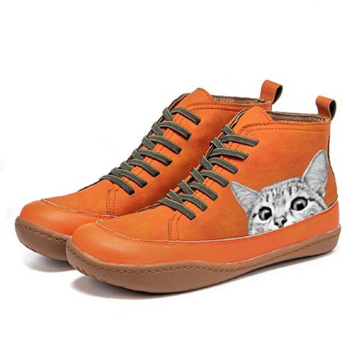 Women's ankle-high sneakers with cute cat motif embroidery and ergonomic comfort insole Mune Fashion