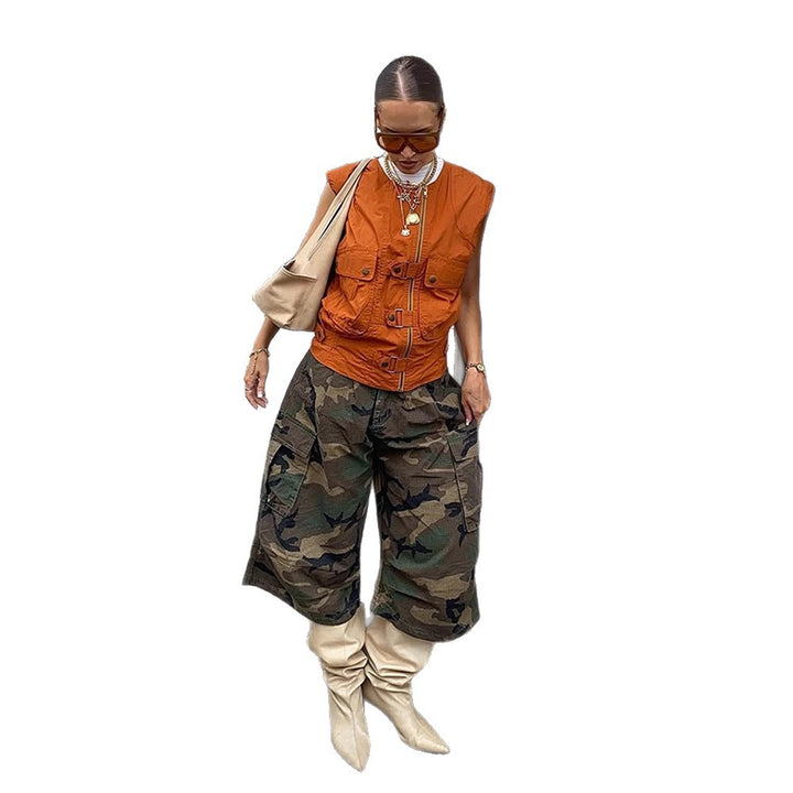 Women's Sleeveless Utility Vest with Zipper, Front Pockets and Buckles Mune Fashion