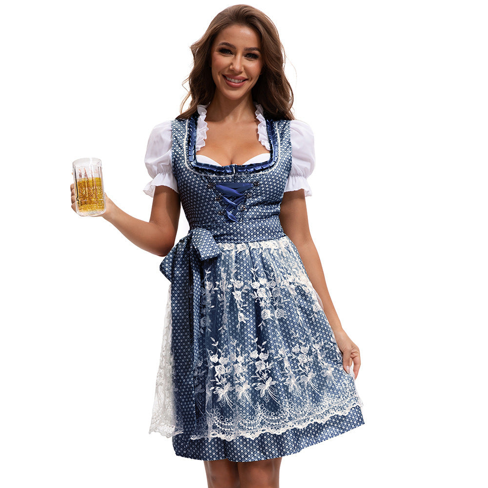 Women's traditional Dirndl dress with laced bodice front, ruffled blouse and lace appliqué Mune Fashion