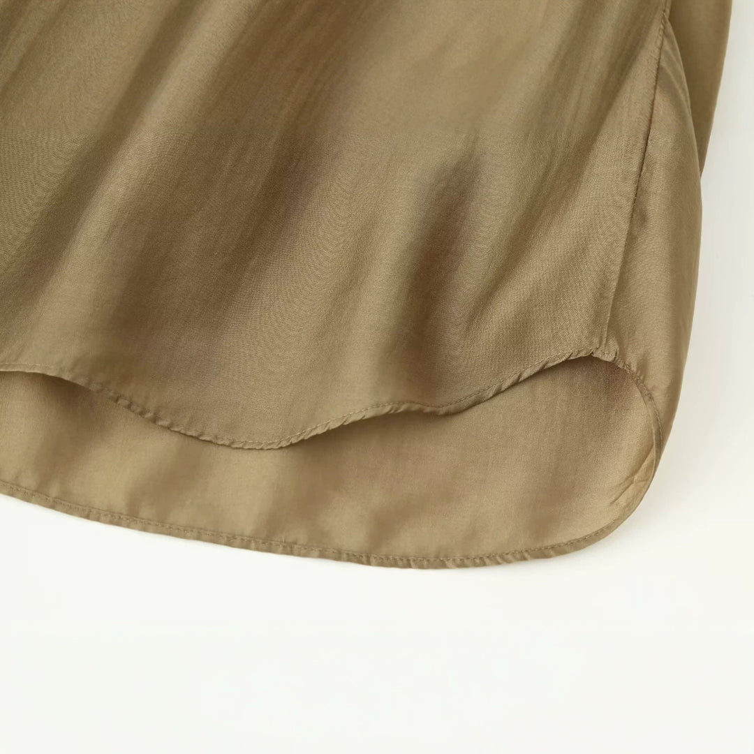 Women Loose-Fitting Tunic Shirt Blouse with Half-Open V-Neck and Wide Cuffs Mune Fashion