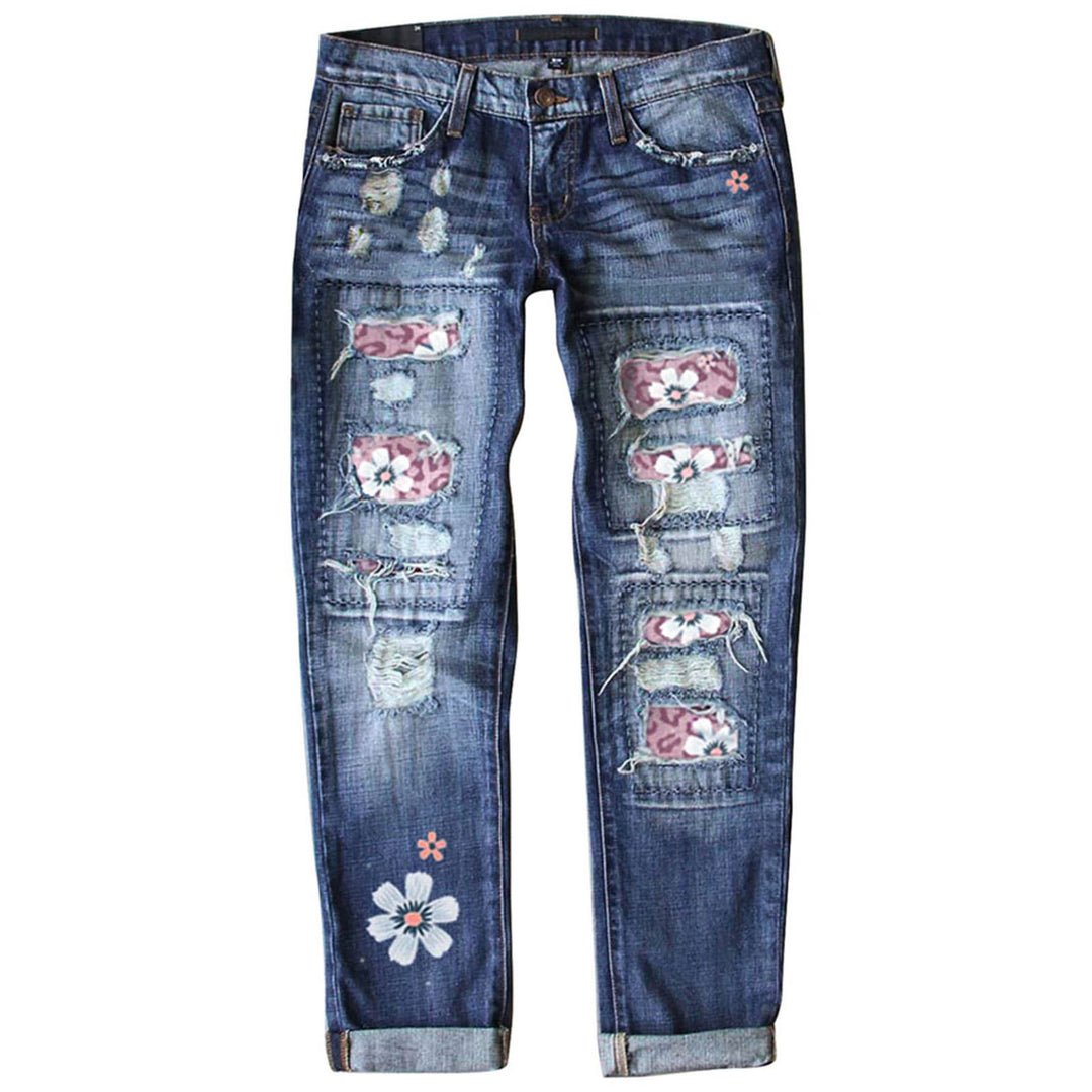 Ladies nan vintage skinny jeans with leopard patches and glitter trim Mune Fashion