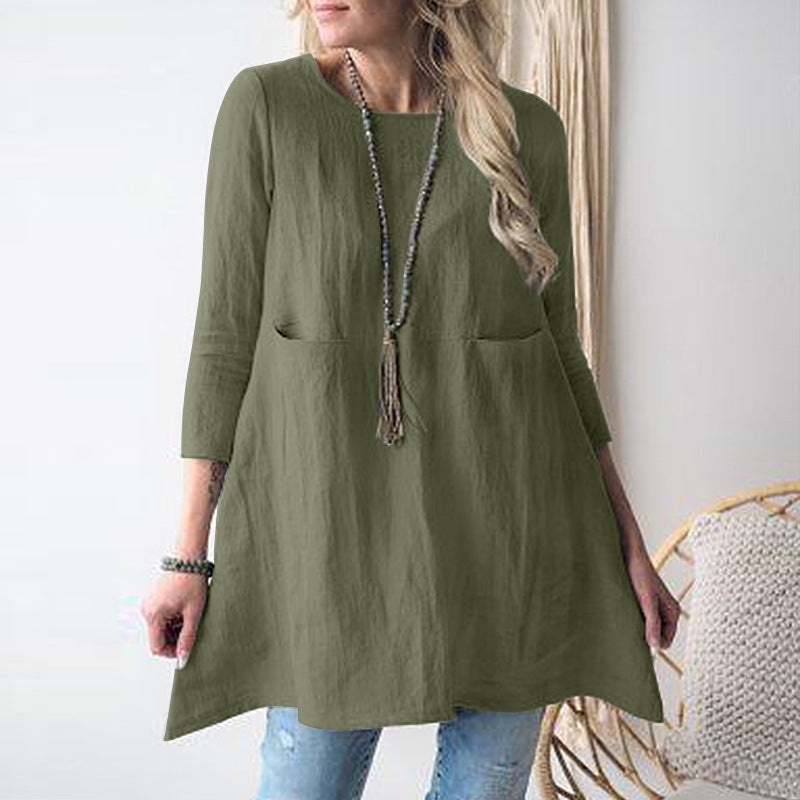Women's Casual A-Line Tunic with Three-Quarter Sleeves and Pockets Mune Fashion