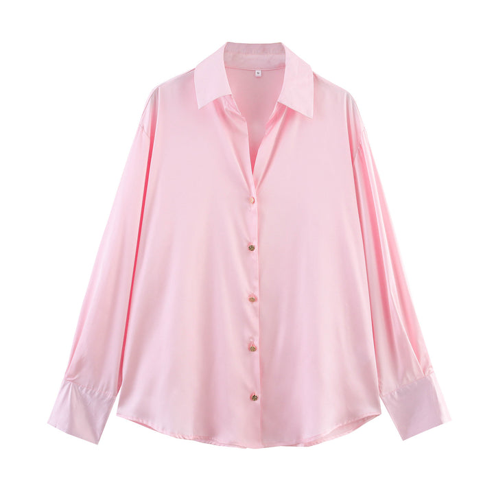 Women's oversized satin blouse with shirt collar, extended cuffs and rounded hem Mune Fashion