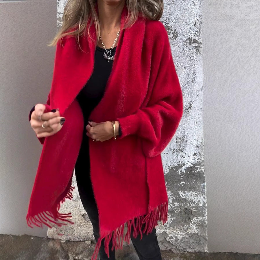 Women's longer cozy fringed cardigan with shawl collar and oversized fit Mune Fashion