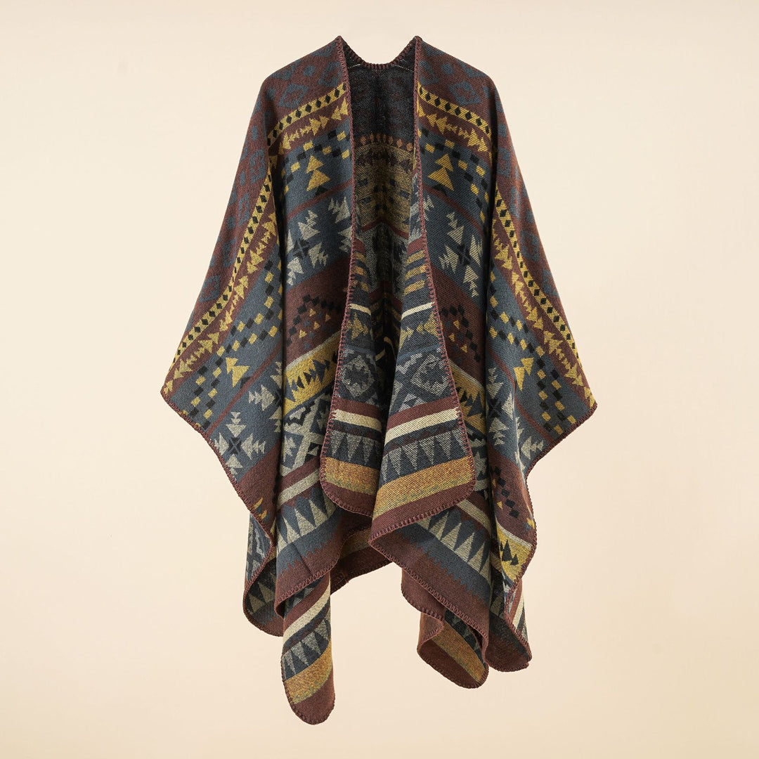 Women Oversize Knit Poncho with Ethno-Geometric Pattern Mune Fashion