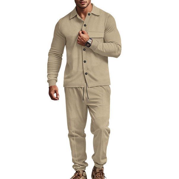 Men's urban lounge two-piece set with shirt jacket, chest pocket, and drawstring joggers made of textured cotton blend Mune Fashion