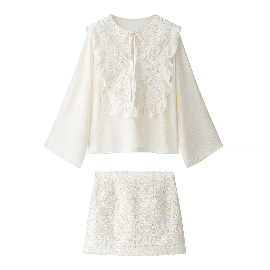 Ladies Embroidered Ruffle Blouse with Wide Trumpet Sleeves and Ties Collar Mune Fashion