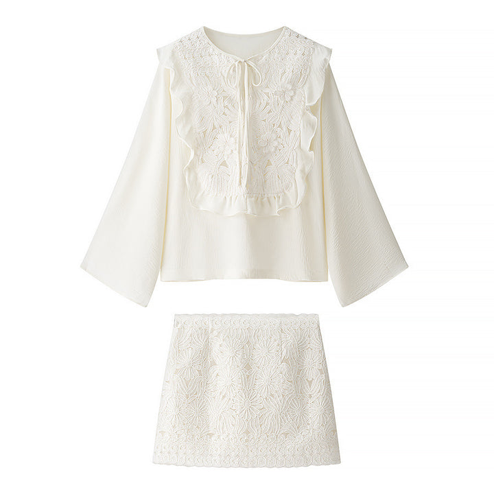 Ladies Embroidered Ruffle Blouse with Wide Trumpet Sleeves and Ties Collar Mune Fashion