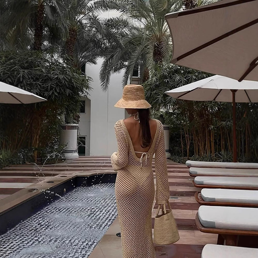 Women Open Crocheted Maxi Dress as Beach Cover-Up with Deep V and Long Sleeves Mune Fashion