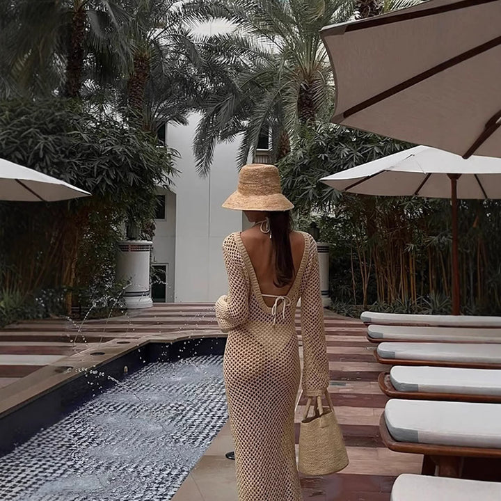 Women Open Crocheted Maxi Dress as Beach Cover-Up with Deep V and Long Sleeves Mune Fashion