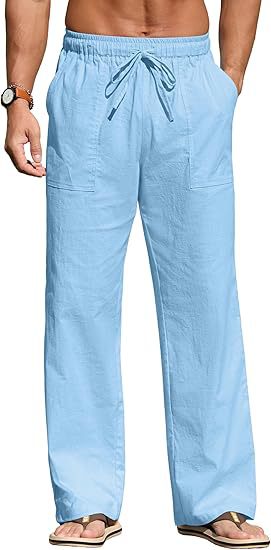 Men's lightweight linen pants with elastic waistband, drawstring, and patch pockets Mune Fashion