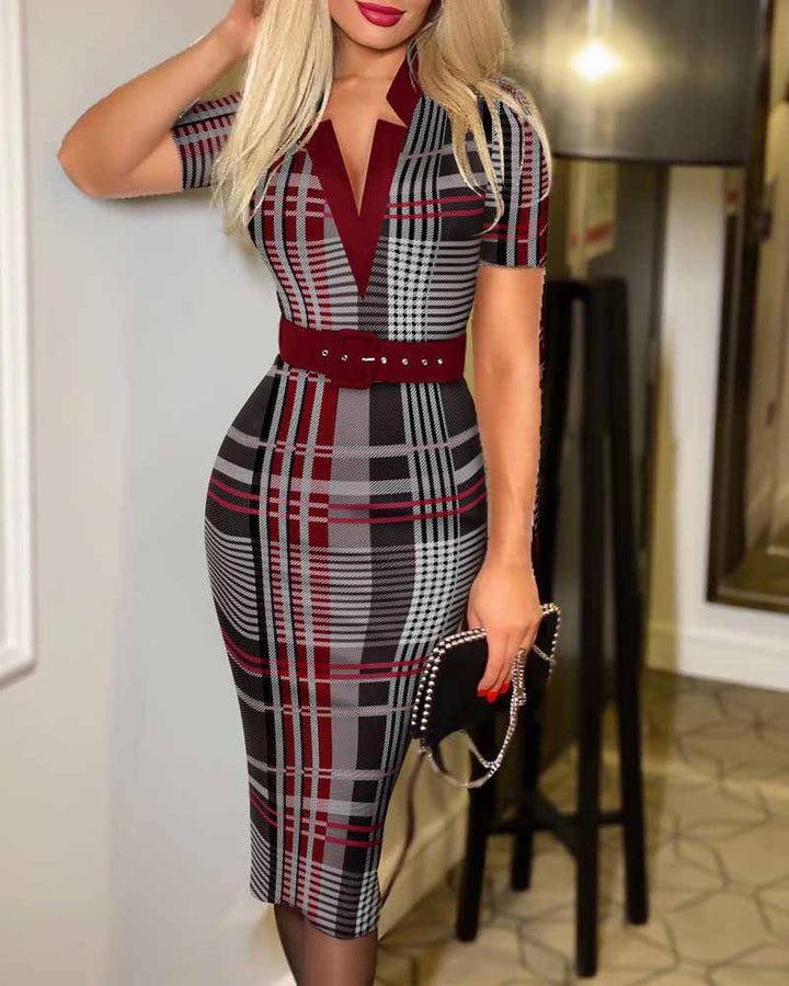 Women's Figure-Hugging Pencil Dress with Waist Belt and V-Neck Mune Fashion
