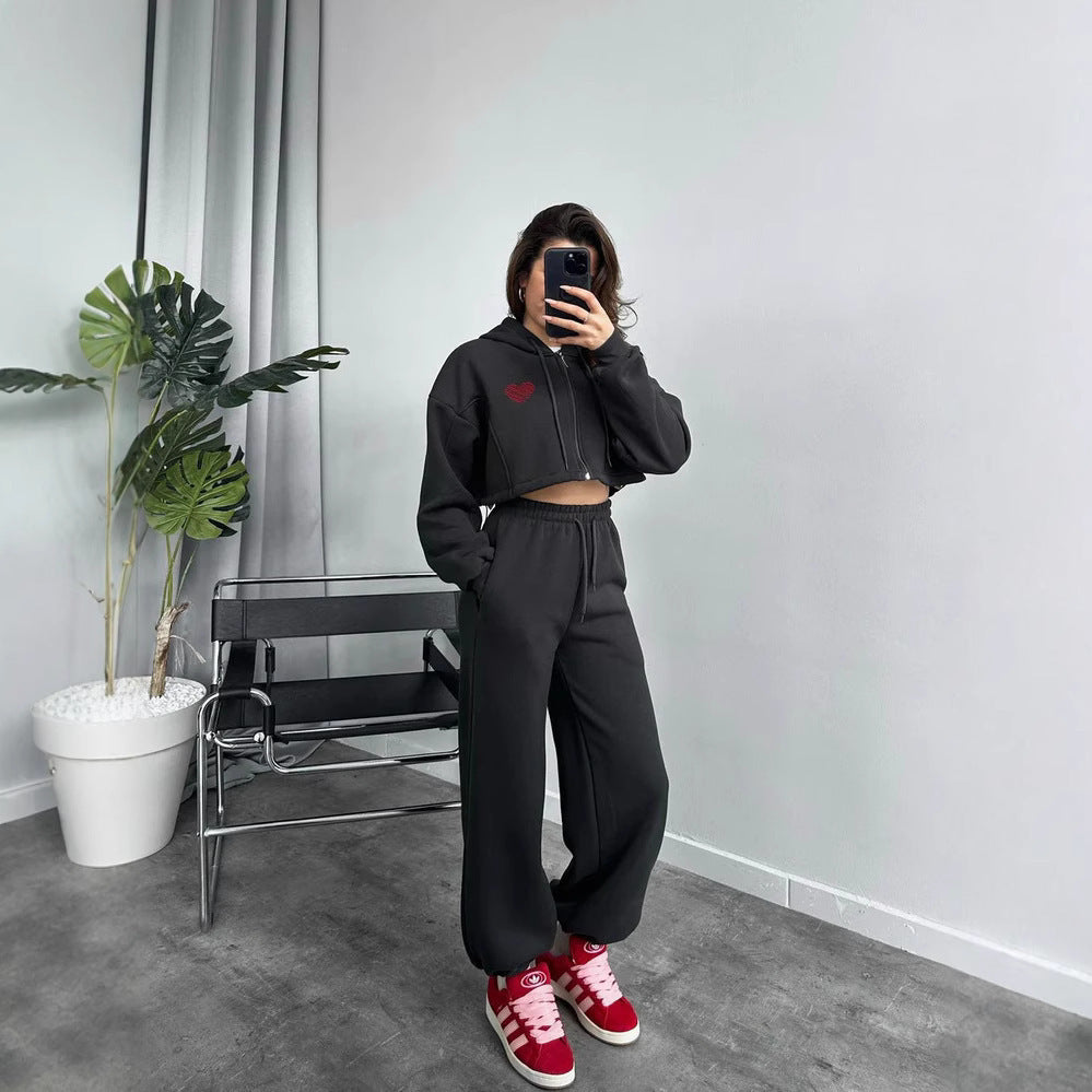 Ladies Cropped Hooded Zip Set with Heart Embroidery and Wide High-Waist Jogging Pants Mune Fashion