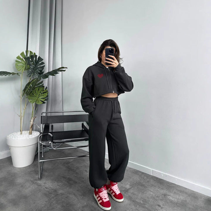 Ladies Cropped Hooded Zip Set with Heart Embroidery and Wide High-Waist Jogging Pants Mune Fashion