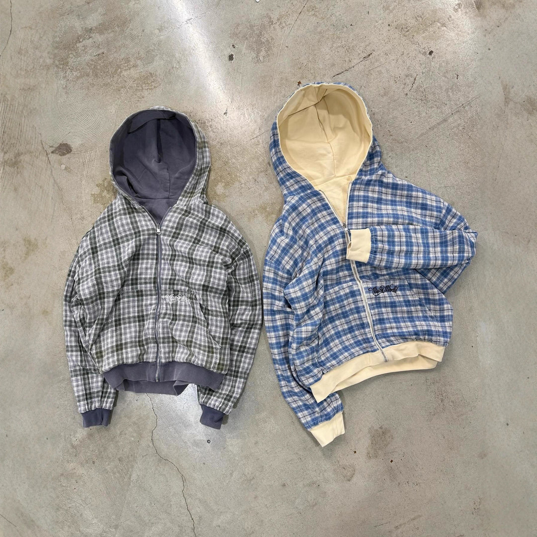 Unisex nan reversible hoodie jacket with checked lining, full zip and kangaroo pocket Mune Fashion
