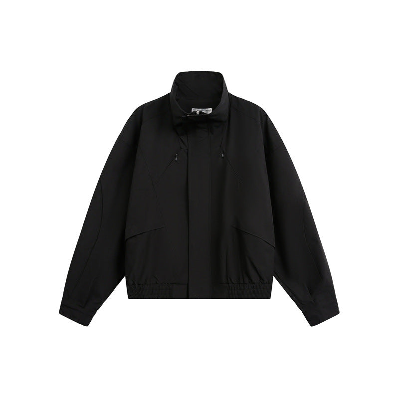 Unisex short jacket in minimalist tech fabric with funnel collar and concealed front placket Mune Fashion