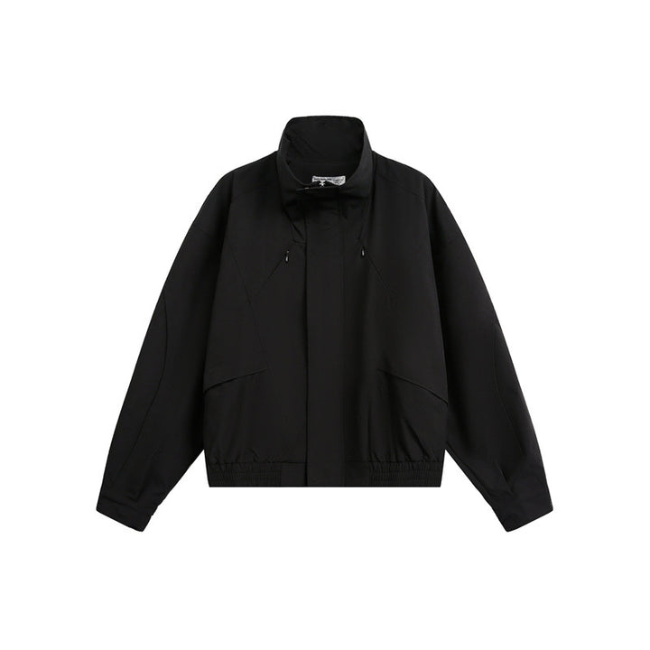 Unisex short jacket in minimalist tech fabric with funnel collar and concealed front placket Mune Fashion