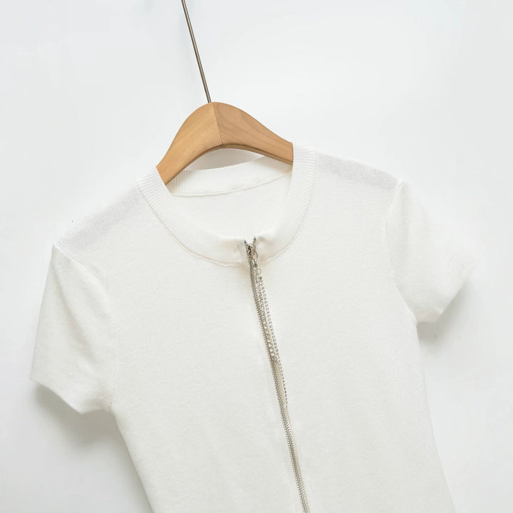 Women's Short Sleeve Fine Knit Top with Continuous Zipper Mune Fashion