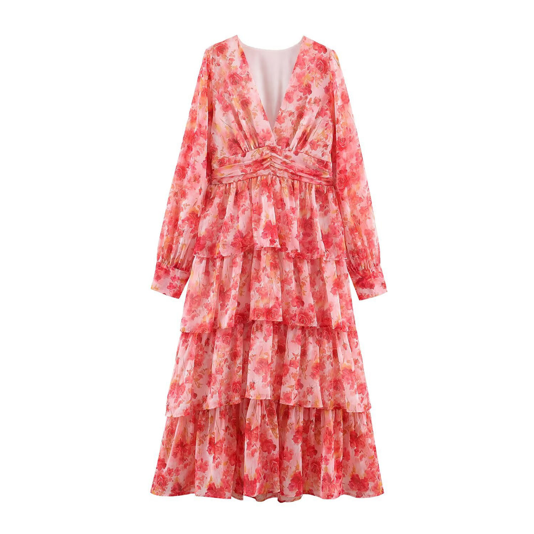 Women’s Long Tiered Chiffon Midi Dress with Deep V-Neck and Tailored Drapings Mune Fashion