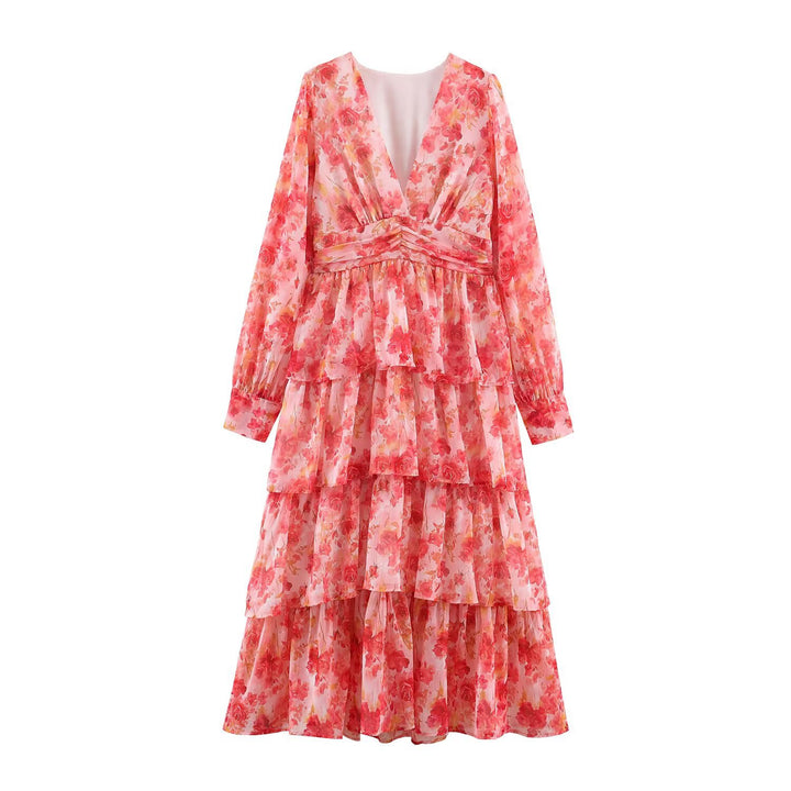 Women’s Long Tiered Chiffon Midi Dress with Deep V-Neck and Tailored Drapings Mune Fashion