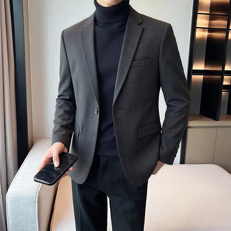 Men's pinstripe suit jacket with a slim fit, two-button closure & chest pocket Mune Fashion