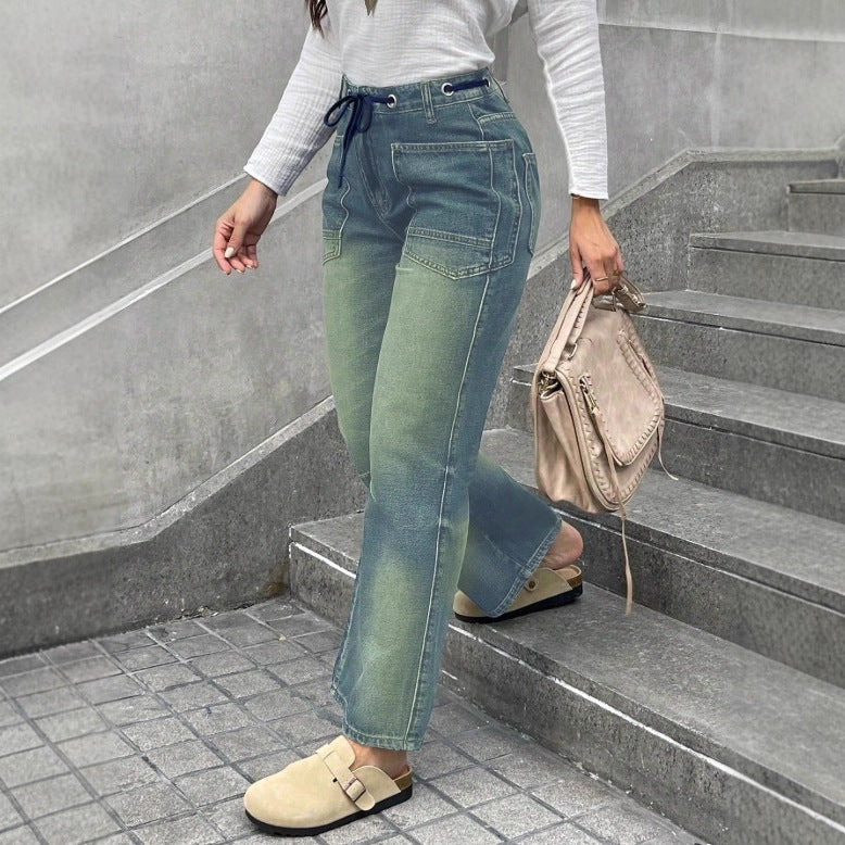 Women's high-waisted jeans with straight leg, drawstring waistband, and patch pockets Mune Fashion