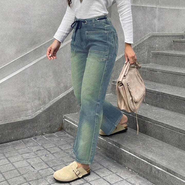 Women's high-waisted jeans with straight leg, drawstring waistband, and patch pockets Mune Fashion
