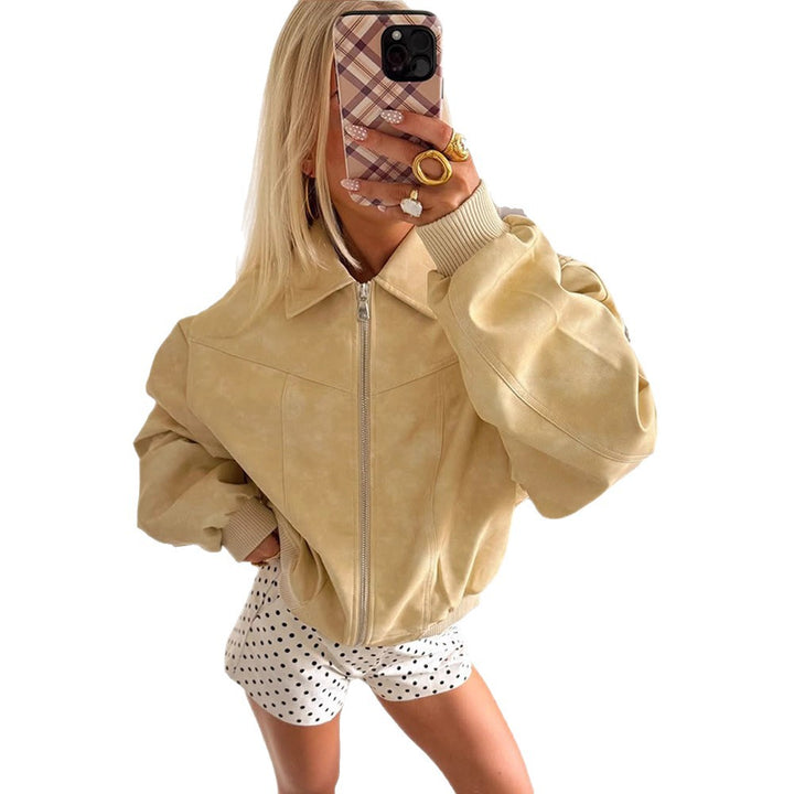Women's Short Cut Oversized Bomber in Suede-Look with Continuous Zipper & Ribbed Cuffs Mune Fashion