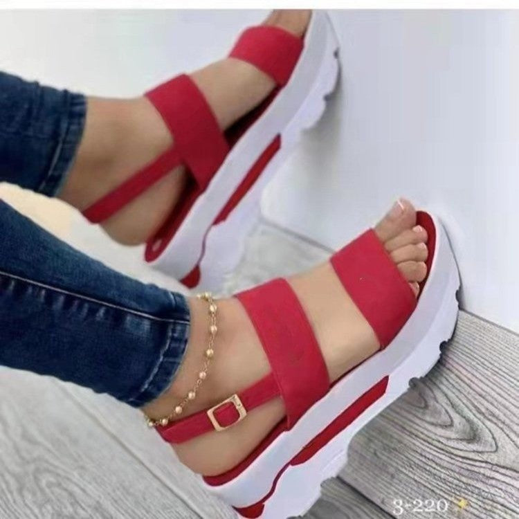 Ladies platform sandals with thick tread sole, two wide straps and adjustable heel strap Mune Fashion