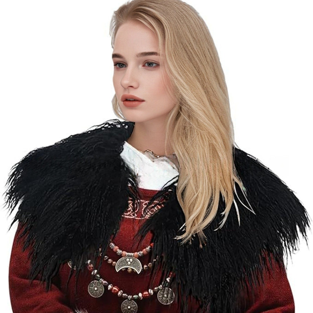 Ladies feather-trimmed shoulder stole in capelet style with soft faux fur collar Mune Fashion