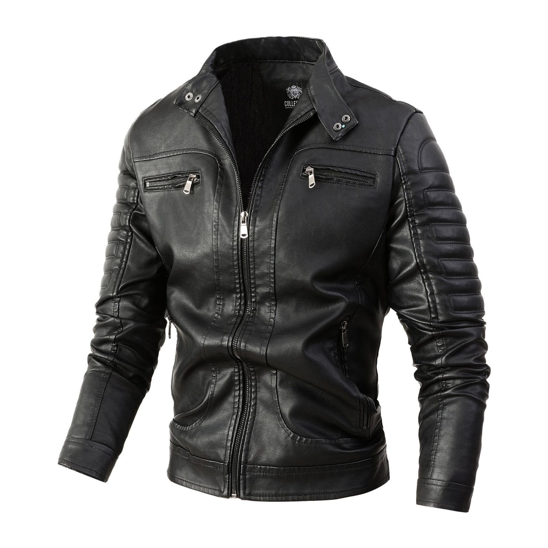 Men's biker jacket made of synthetic leather with quilted sleeve padding, stand-up collar and multi-pockets.