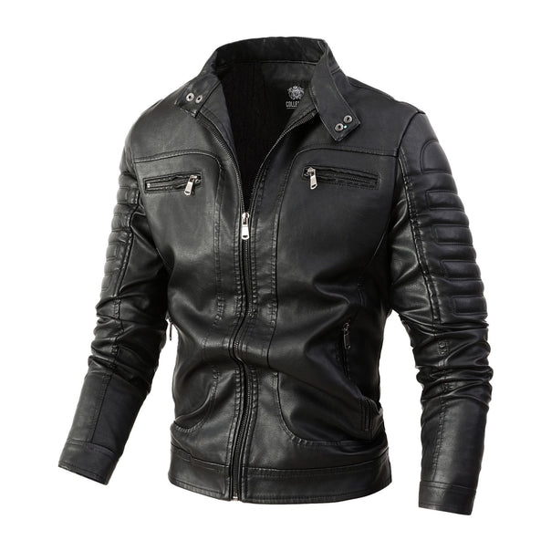 Men's biker jacket made of synthetic leather with quilted sleeve padding, stand-up collar and multi-pockets.