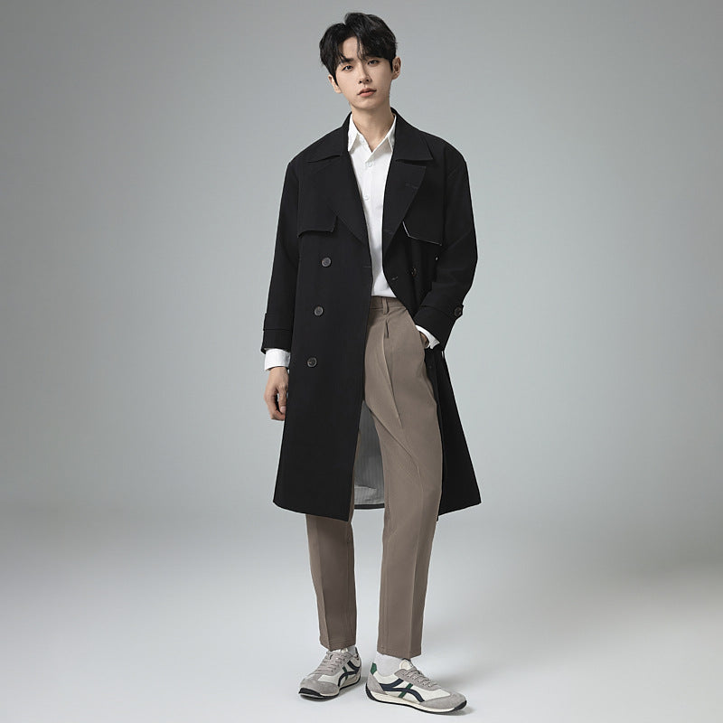 Men's Oversized Double-breasted Wool Blend Trench Coat with Shawl Collar and Contrast Flap Mune Fashion