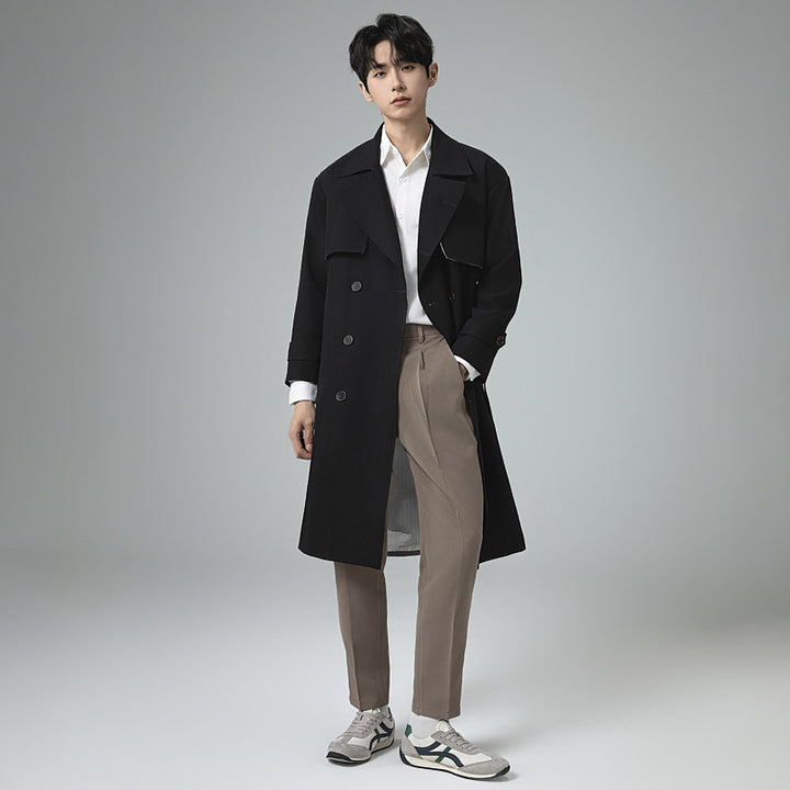 Men's Oversized Double-breasted Wool Blend Trench Coat with Shawl Collar and Contrast Flap Mune Fashion