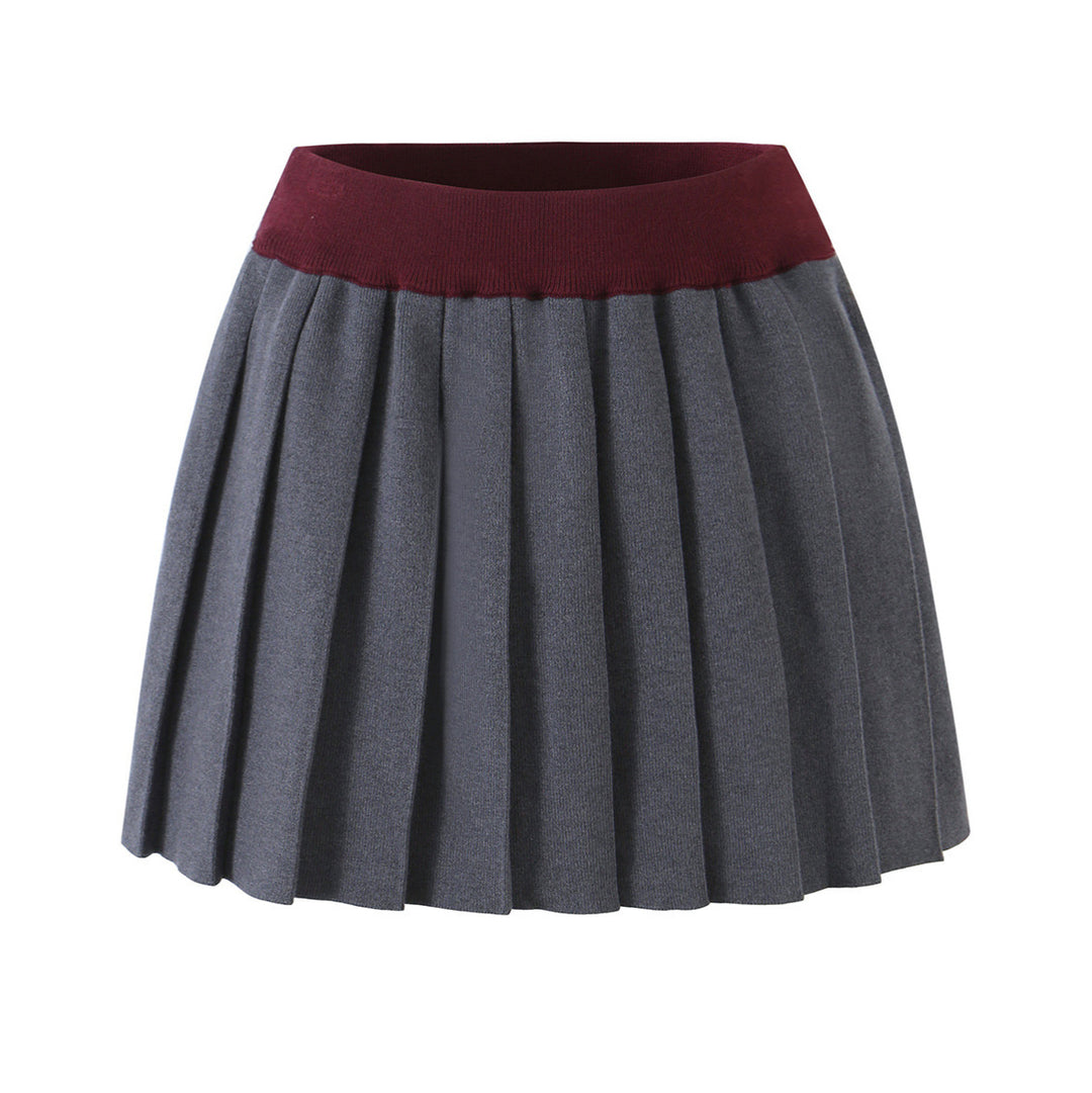 Women’s Two-Piece Fine Knit Set with V-Neck, Contrasting Collar and Pleated Mini Skirt Mune Fashion
